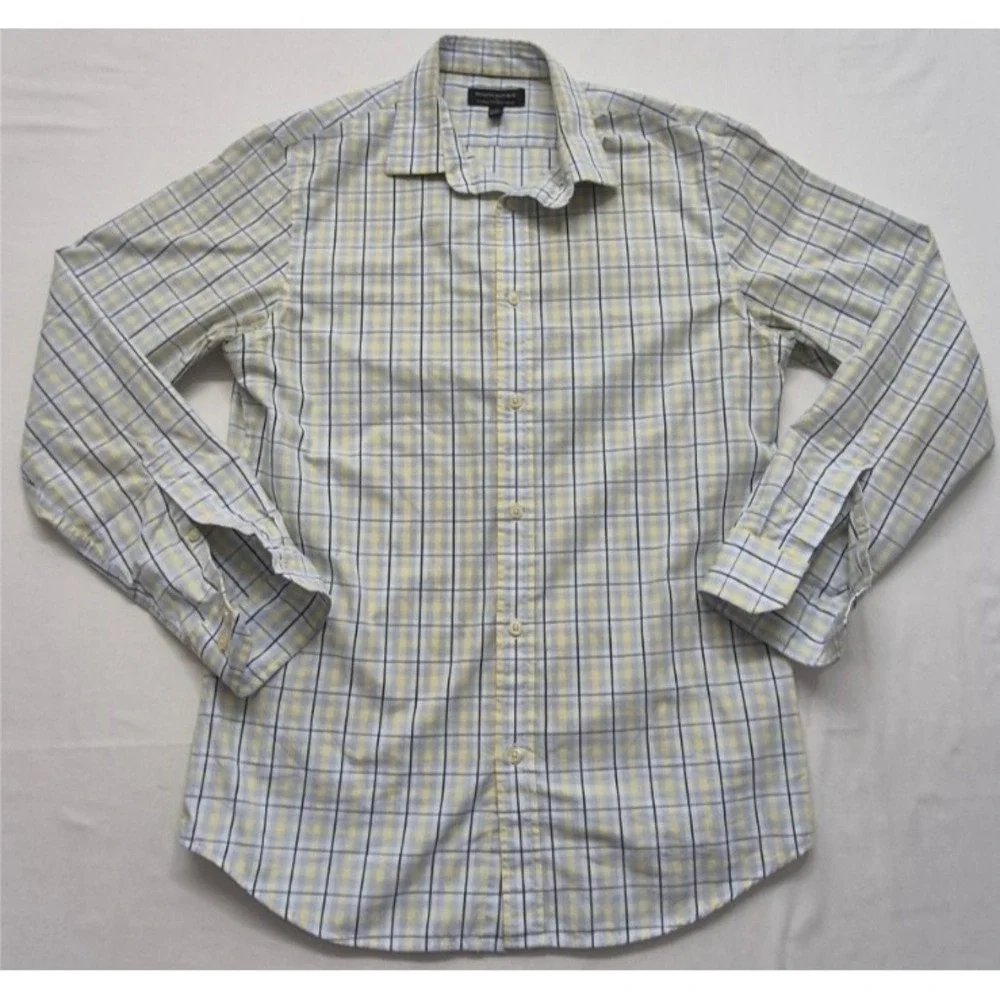 Banana Republic men's blue/yellow plaid‎ LS tailored slim fit shirt M 15-15.5